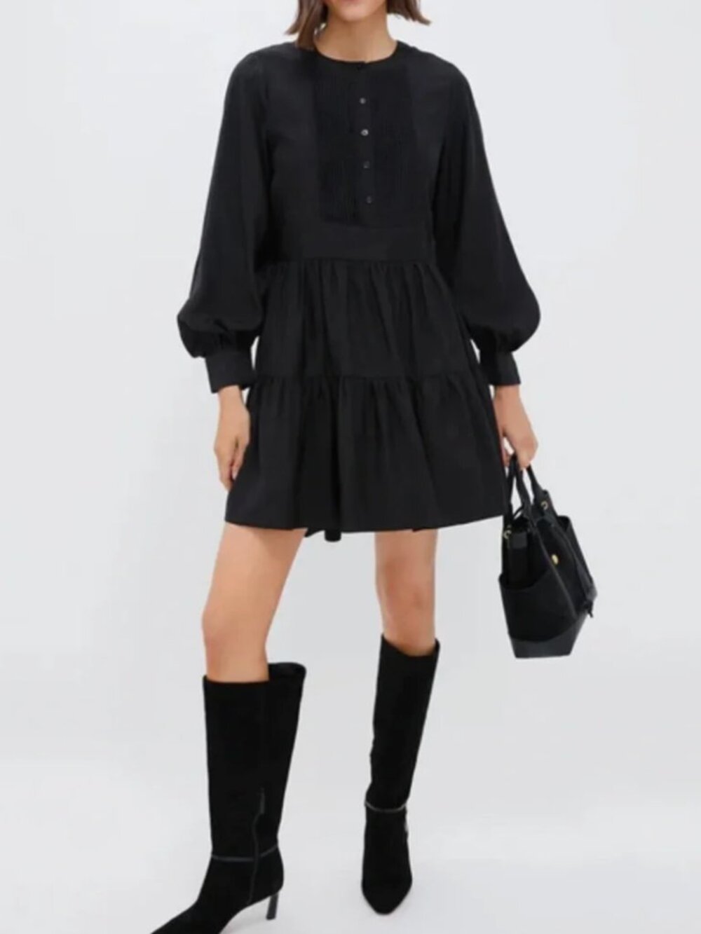 NWT HYACINTH HOUSE Tiered Black Long-Sleeve Amie Mini Dress